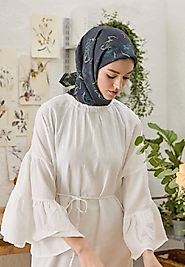 Lotus Desen Pamuk İpek Eşarp Lacivert