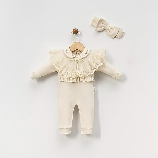 Kız Bebek Dantel Yaka Çiçek Nakışlı Tulum