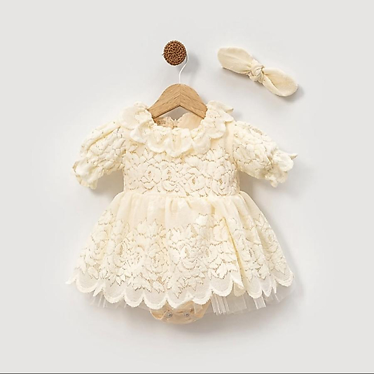 Dora Gül Desenli Dantel Kız Bebek Romper Ekru