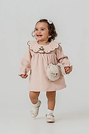 1-4 Yaş Pudra Yakalı Kız Çocuk Elbise | Uzun Kollu Şık Model