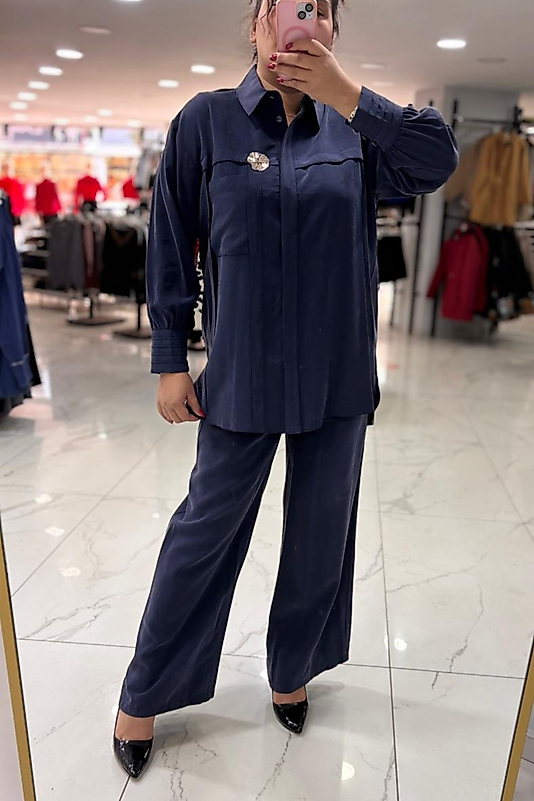 Lacivert Taş Broş Detaylı Modern Premium Takım