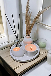 Dekoratif Tepside 5 Li Set Çizgili Vazo, Vanilya Kokulu Ahşap Fitilli Mum, Tealight Mumluk, Oda Koku