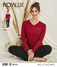 Bordo Baskılı V Yaka Üst & Siyah Yıldız Desenli Alt Kadın Pijama Takımı -Noya 13375