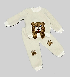 1-2-3 Yaş Sallanan El Ayıcıklı Kuzu Kumaş Sweat Patili Pantolon Uzun Kollu Kız Erkek 2 Li Takımı Bej