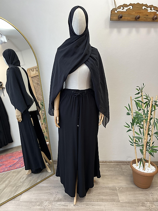 Siyah Bağcıklı Keten Pantolon - Etek