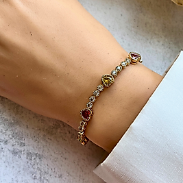 Renkli Kalp ve Damla Taşlı Bileklik 18,5-16,5 cm | Mev'Altın Collection