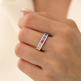 925 Ayar Gümüş Renkli Taşlı Rainbow Model Renkli Zirkon Taşlı Rodyumlu Yüzük