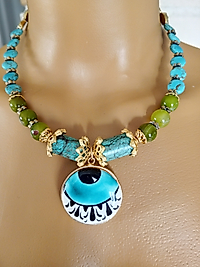 TURKUAZ AKİK SERAMİK GÖZ KOLYE