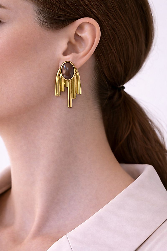 Kahverengi Oval Taşlı Gold Art Deco Kadın Küpe