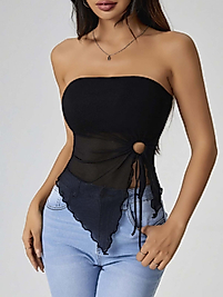 Kadın Siyah Crop Önden Halka Büzgü detaylı 5094