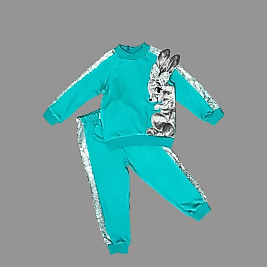1-2-3 Yaş Payetli Pelüş Tavşan Desenli Likra Penye Kumaş Sweat Pantolonlu Kız 2li Çocuk Takımı Mint Yeşili