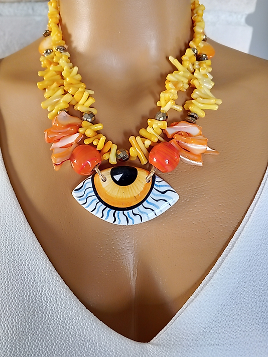 YAZ İÇİN SARI MERCAN ,SEDEF,SERAMİK GÖZ KOLYE