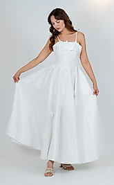 İnce Askılı Çiçek Detaylı Beyaz Midi Boy Abiye