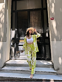 Desenli Kimono & Pantolon Ikili Takım -YEŞİL