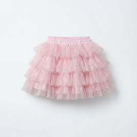 Kız Çocuk Pamuklu Pembe Simli Kat Kat Tül Etek - Elastik Belli Fırfırlı Model