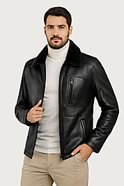 Carlos Hakiki  Deri Erkek Siyah Seyyar Kürk Yaka Mont