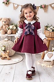 Bordo Ekose Fiyonklu Yakalı Kız Çocuk Elbise (2-5 Yaş)