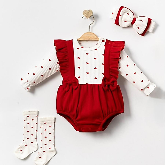 Kırmızı Kalp Desenli Bebek Romper