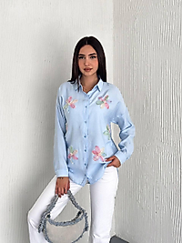 Keten Airobin Kumaş Çiçek Detaylı Gömlek