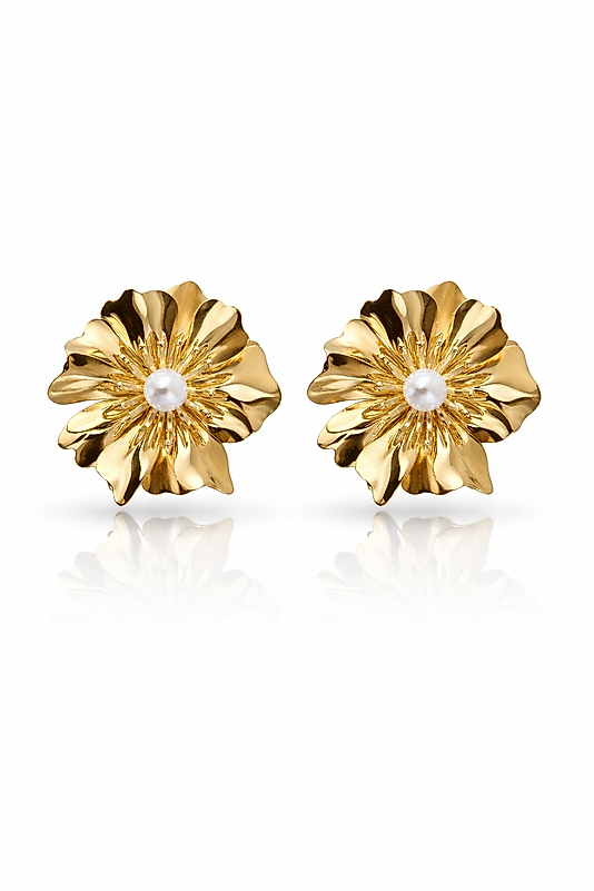 14K Altın Renk İnci Detaylı Çiçek Formlu Kadın Küpe