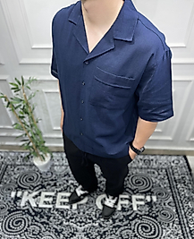 Keten Kısa Kol Cep Detaylı Gömlek - Lacivert