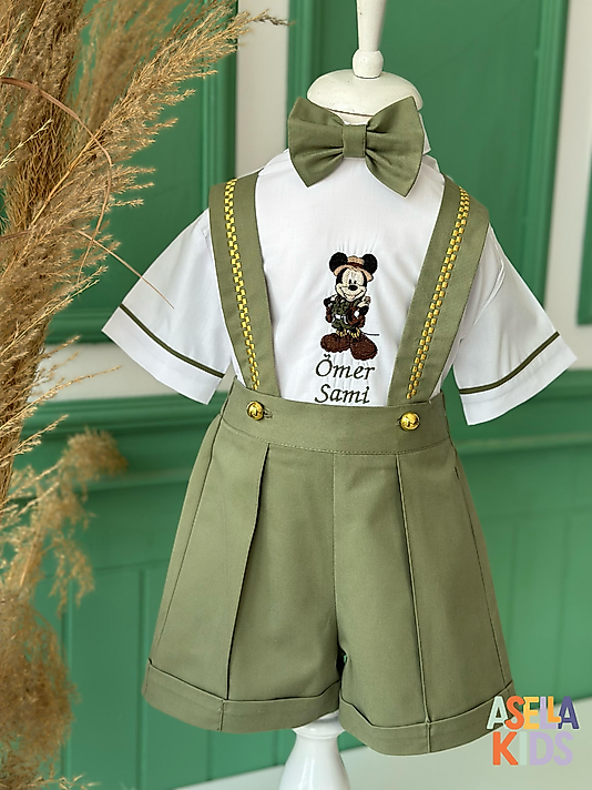 Erkek Çocuk Yeşil Salopet Takım - Mickey Nakışlı