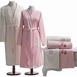 Taç Comfort Aile Bornoz Seti-Primula Pembe-Ekru