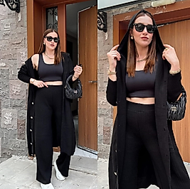 2'li Kadın Siyah Oversize Cepli Kapüşonlu Triko Hırka