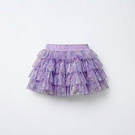 Kız Çocuk Pamuklu Lila Simli Kat Kat Tül Etek - Elastik Belli Fırfırlı Model