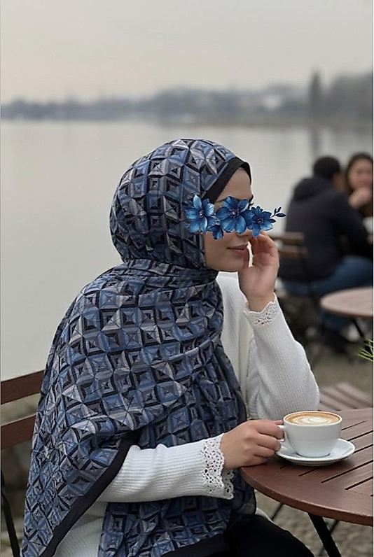 Labirent Desen Pamuk Kraş Şal-Lacivert