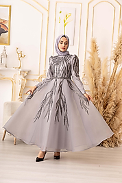 KABARIK ETEKLİ TAŞ İŞLEMELİ TESETTÜR ABİYE  (K18320)