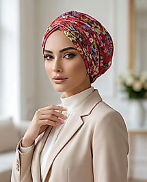 Drapeli dolgulu cıcek desenli bone