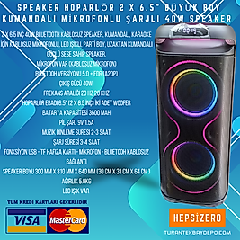 Speaker Hoparlör 2 x 6.5" Büyük Boy Kumandalı Mikrofonlu Şarjlı 40W Speaker