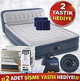 Intex Elektrikli Şişme Yatak - Çift Kişilik , Başlıklı Şişme Yatak 152X236X86 cm ( 2 Adet Seyahat Şişme Yastık Hediyeli )