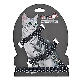 PetTagArt Siyah Beyaz Yıldız Desenli Ayarlanabilir Kedi Göğüs Tasma Seti 10 mm 110 cm