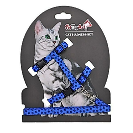 PetTagArt Mavi Siyah Pati Desenli Ayarlanabilir Kedi Göğüs Tasma Seti 10 mm 110 cm