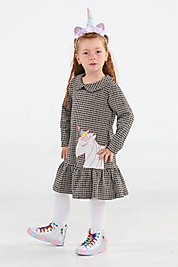 Casabony Unicorn Ekose Fırfırlı Kız Çocuk Elbise  BN-019