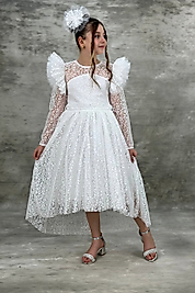 Melek Model Leopar Desen Dantelli Tarz Beyaz Çocuk Abiye Mezuniyet Elbisesi  ABY998
