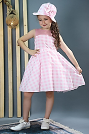 Barbie Şapkalı Ekoseli Çocuk Elbisesi ABY131