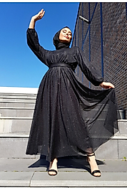 Gülsüm Aydın Simli Belden Kuşaklı Siyah Tesettür Abiye Elbise