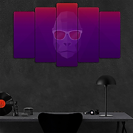 TABLO Renkli, Gözlüklü Goril -  5 Parçalı Dekoratif Tablo