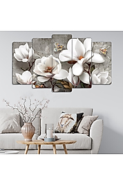 TABLO Modern Beyaz Çiçekler - 5 Parçalı Dekoratif Tablo