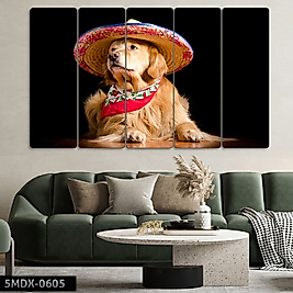 TABLO Şapkalı Golden Köpek - 5 Parçalı Dekoratif Tablo