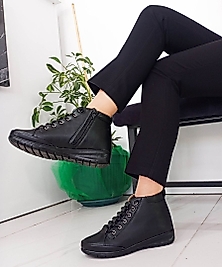 Siyah Renk Cilt Deri Bağcıklı Fermuaralı Düz Taban Anne Ayakkabı