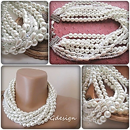 Layered Wedding Ivory Glass Pearl--, Crystal Necklace