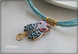 Handpainted Ceramic Necklace.. Owl , Blue Leather Cord