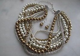 Chunky Trendy Champagne Pearl Jewelry set,  Dainty Pearl Lariat, Statement Necklace, Multilayer Necklace -Earrings Set,