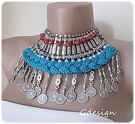 Turquoise Lariat,Knitted Necklace, Bib Necklace, Ethnic Jewelry, Seed Bead