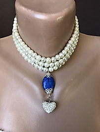 Chunky Bridal Necklace, 3 Strands Bib Necklace, Semiprecious Stone, Rhinestone Heart Accessory,