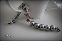 Handmade Porcelain Bracelet, Grey Glass Pearl, Bracelet. Magnet Closure